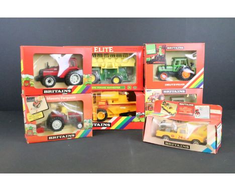 Seven boxed Britains diecast farming related models to include Power Farm 9322 New Holland Combine Harvester, 9573 Chevy Farm