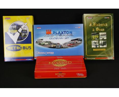 Four boxed Corgi 1/76 scale Original Omnibus diecast model bus sets to include OM49901 Plaxton 100 years Centenary Set, OM991