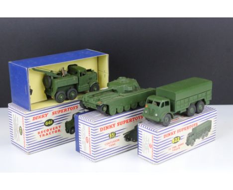 Three boxed Dinky Supertoys military diecast models to include 661 Recovery Tractor, 622 10-Ton Army Truck &amp; 651 Centurio