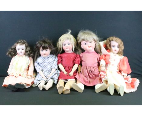 Five German bisque headed dolls having hand painted facial details, glass eyes (some sleeping) and composite bodies. Blonde d