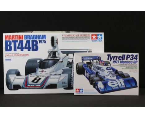 Two boxed Tamiya plastic model racing car kits to include 1/12 No 42 Martini Brabham BT44B 1975 and 1/20 No 53 Tyrell P34 197