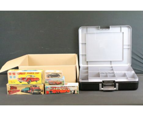 Five boxed tin plate &amp; plastic models to include No Rev Citroen 15 Six Familiale, K Friction Powered Auto Transport, Hong