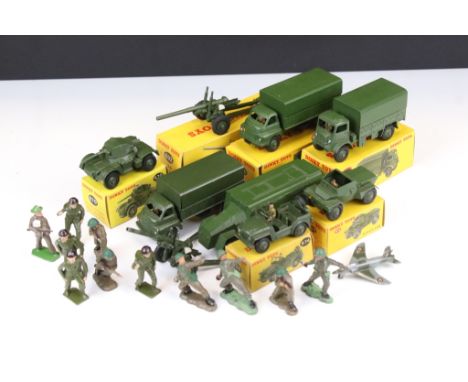 Six boxed Dinky military diecast models to include 623 Army Covered Wagon, 692 5.5 Medium Gun, 670 Armoured Car, 674 Austin C