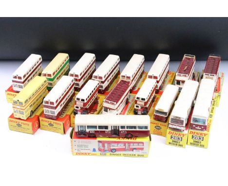 17 Boxed Dinky diecast model buses to include 8 x Leyland Atlantean Bus, 2 x 290 Autobus, 3 x 289 Routemaster Bus, 3 x 283 Si
