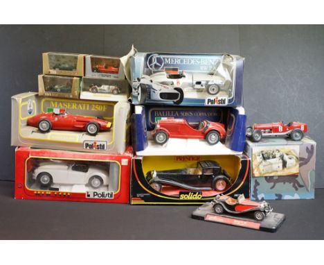 Four boxed diecast models, 1/16 or similar, to include 3 x Polistil (TG9 Mercedes-Benz RW 196, TG20 Maserati 250F &amp; MG A 