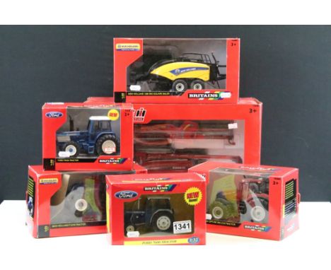 Six Boxed Britains 1/32 diecast farming models to include 42884 Case IH Combine 8230 (boxes shows some storage wear), 43136A1