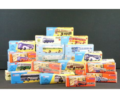 27 Boxed Corgi Classics diecast model buses to include Lionel City, Vintage Buses USA, Fallen Flags etc, diecast ex, boxes vg