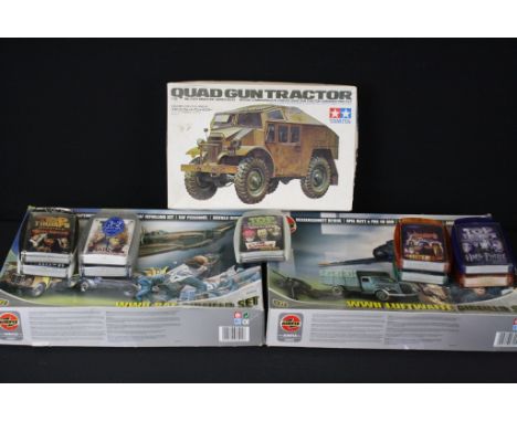 Three boxed military plastic model kits to include 2 x 1/72 Airfix (06901 WWII RAF Airfield Set - part built &amp; 06902 WWII