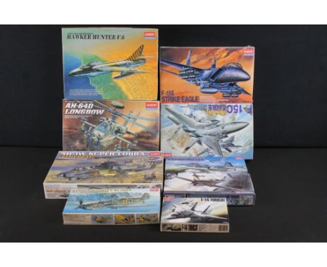 Nine boxed &amp; unbuilt Academy Hobby Model Kits, 1/35 to 1/144 scale, to include 2110 F-15E Strike Eagle (sealed), 2164 Haw