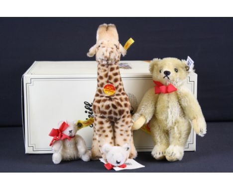 Three Steiff teddy bears / soft toys to include 042003 Giraffe 23 (with tag), 0163/19 mohair teddy bear (with tag) and 0203/1