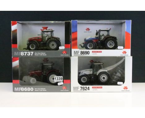 Four boxed Universal Hobbies Massey Ferguson 1/32 diecast model tractors to include MF 8690 Russian Tricolour Edition (ltd ed
