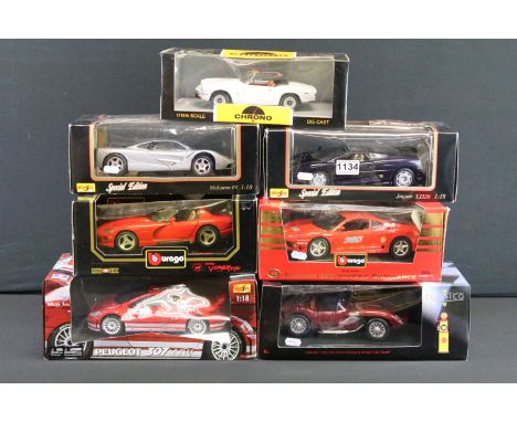 Seven boxed diecast models, 1/18 scale or similar, to include 3 x Maisto (Peugeot 307 WRC (bent wing mirror &amp; split box w