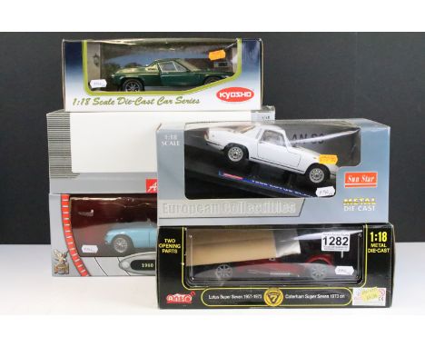 Five boxed Lotus 1/18 scale diecast models to include Kyosho Lotus Europa Special - Green (08151G - missing wiper), A Model C