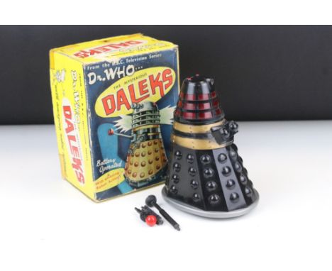 Boxed Marx Dr Who The Mysterious Dalek battery operated figure, with 3 x accessories (damage to one), fair box tatty in place
