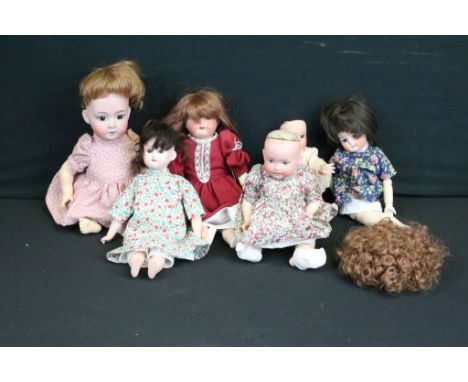 Six small German porcelain bisque dolls to include Wiefel &amp; Company 1900, Gebruder Heubach 8192, PM 914, some unmarked or