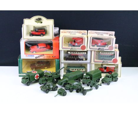 Nine mid 20th C play worn Dinky military diecast models to include 677 Armoured Command Vehicle plus a boxed Corgi 01801 Bust