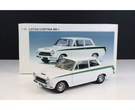 Boxed AutoArt Millennium 1:18 Lotus Cortina MK I diecast model, in white, no. 75331. (Diecast dusty but vg, box vg