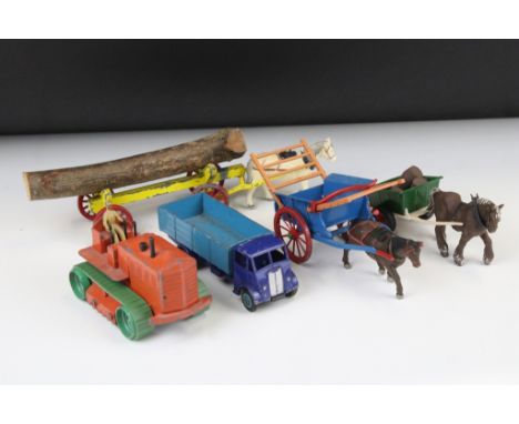 Five mid 20th C play worn diecast models to include 2 x Dinky (Guy in two tone blue) &amp; Heavy Tractor), and 3 x Britains h