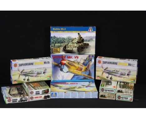 12 Boxed and unbuilt plastic model kits to include 3 x Italeri 1/72 (001 Spitfire Mk Vb, 094 Spitfire Mk 9 &amp; 7035 Matilda