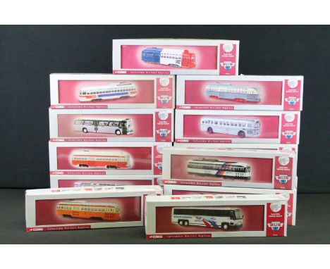 13 Boxed ltd edn Corgi 1/50 Vintage Bus Lines diecast models to include 53401 MCI Greyhound Lines, 55014 PCC Street Car Minne