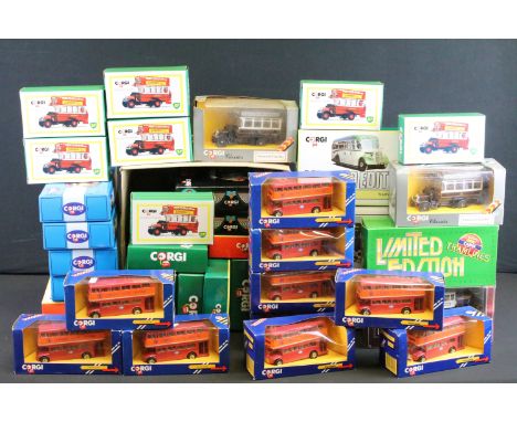 Over 45 boxed Corgi diecast model buses, trams &amp; coaches, to include ltd edn examples, featuring 2 x York Fair ltd edn se