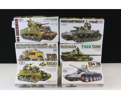 Eight boxed Tamiya 1/35 plastic model military kits to include 190 M4 Sherman, 13 US Light Tank M5A1, 248 German Tank Destroy