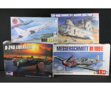 Four sealed &amp; boxed plastic model kits to include 2 x Airfix (1/24 12002 Messerschmitt Bf 109E &amp; 1/72 07004 BAC TSR2)