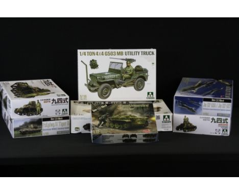 Seven boxed and unbuilt army related plastic model kits to include 4 x Takom examples featuring 1/16 scale 1008, 1/16 scale 1