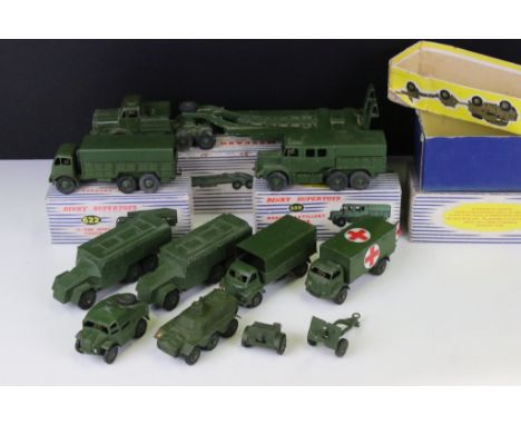 Three boxed Dinky Supertoys military diecast models to include 660 Tank Transporter, 622 10 Ton Army Truck and 689 Medium Art