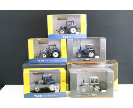 Seven boxed Universal Hobbies 1/32 scale diecast agricultural models to include 3 x New Holland (T5.115 with 740TL loader, T7