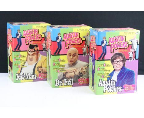 Three boxed McFarlane Toys Austin Powers Special 9" Edition figures full set to include Austin powers, Fat Man and Dr Evil, a