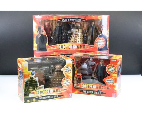 Collection of four boxed Doctor Who action figures to include The Doctor &amp; RC K-9, Radio Controlled Dalek, Daleks in Manh