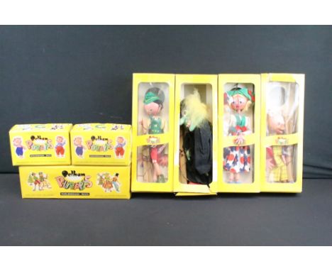 Collection of seven boxed Pelham Puppets to include SS5 Tyrolean Girl, SS4 Tyrolean Boy, Wicked Witch (Plastic front missing)