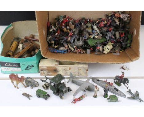 Collection of over 80 mid 20th C play worn metal figures to include Britains examples, featuring Snow White, Wild West, farm 