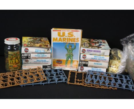 Collection of nine boxed Airfix HO-OO scale plastic figures to include Romans, US Marines, Waterloo French Infantry, Waterloo