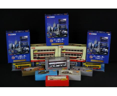 16 boxed / cased Corgi 1/76 and 1/50 scale Oriental &amp; Far East decal diecast model buses to include 4 x Corgi Oriental Om