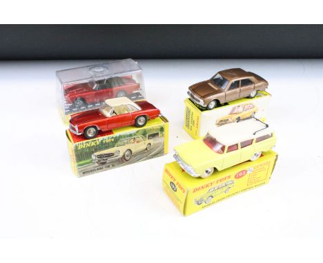 Three boxed Dinky diecast models to include 1452 Peugeot 504 (made in Spain) in brown, 193 Rambler Cross Country Station Wago