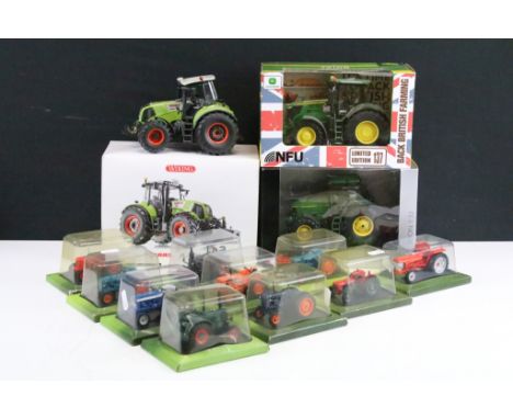 Three boxed 1/32 scale diecast model tractors to include Britains John Deere 7310R (ltd edn), Wiking 7305 Claas Axion 850 &am