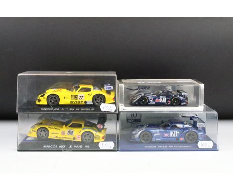 Three boxed/ cased Fly 1:32 scale models slot racing cars to include Marcos 600 LM 1st Spa 98 British GT, Marcos 600 Le Mans 