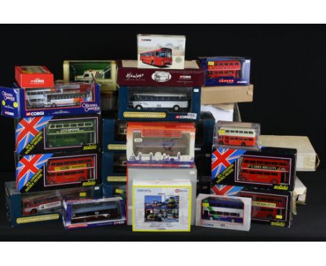 Collection of around 35 various boxed diecast model buses to include mainly Corgi models featuring 5 x Die-Cast Collectibles 