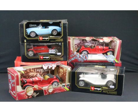 Seven boxed diecast models to include 3 x Burago 1/18 scale (3005 Alfa Romeo 2300 Spider, 3014 Alfa Romeo 8C 2300 Monza &amp;