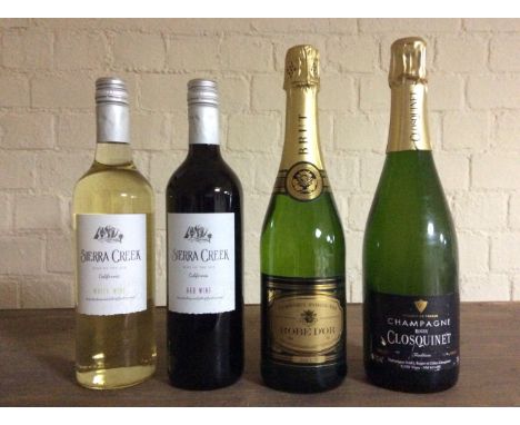 *4 bottles of Rogier Closquinet Champagne, 1 bottle of Robe D'Or Sparkling Wine, and 2 bottles Sierra Creek red and white win