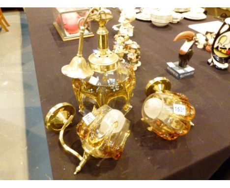 Amber glass ceiling light pendant and two matching wall lights