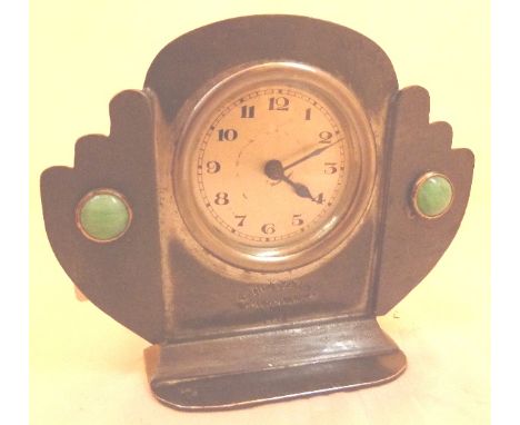 Arts and Crafts pewter mantle clock, signed, H: 10 cm