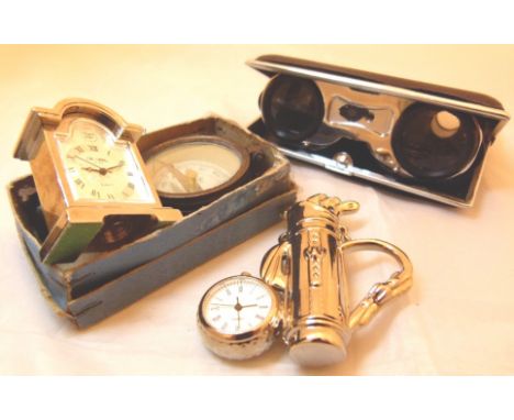 WWI marching compass, two clocks and a pair of Opera glasses 