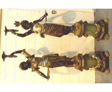 Pair of late Victorian hand carved wood and gesso blackamoor figural torchere lamps; with gilt and hand painted decoration. T