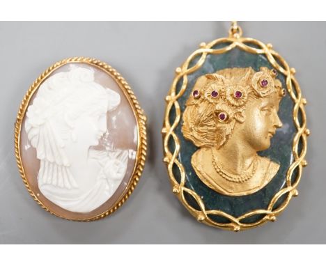 A 9ct gold and ruby mounted moss agate oval pendant with applied bust of a lady 52mm, moss agate cameo and a modern 9ct gold 