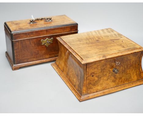 A George III mahogany tea caddy with inlaid decoration, together with a burr walnut veneer cavetto stationery box, both with 