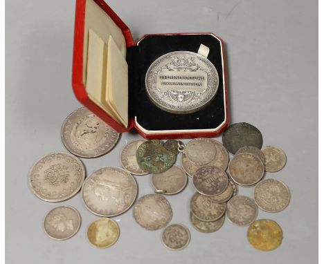 Pre 1947 silver coins and a technological examination medal stamped ‘sterling silver’ the edge stamped ‘ALFRED JOSEPH YORKE M