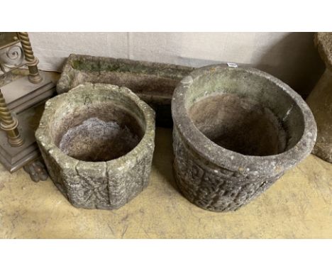 A Cotswold Studios rectangular reconstituted stone garden planter together with two circular planters, largest height 36cm